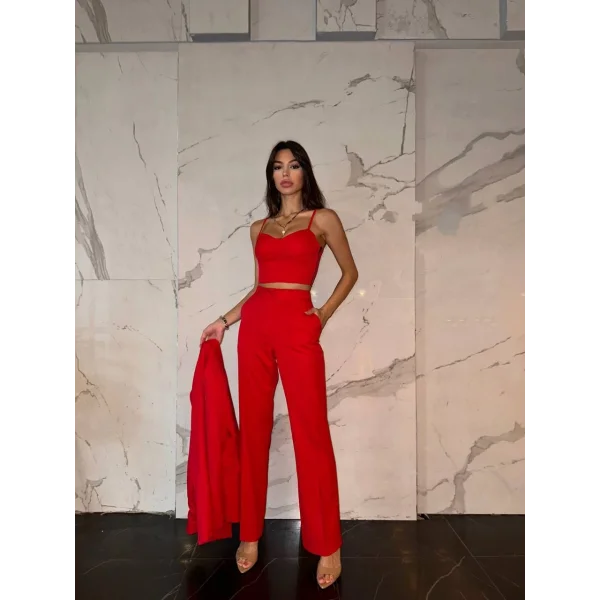 KIRMIZI CROP BLAZER CEKET PANTOLON TAKIM