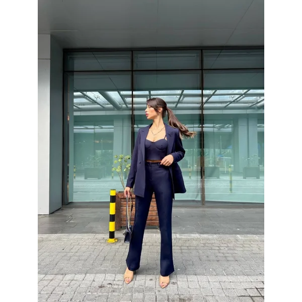 Crop Blazer Ceket Pantolon Takım Lacivert