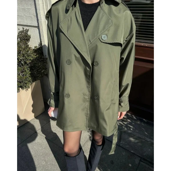 HAKİ KUŞAKLI ASTARLI KISA TRENÇKOT