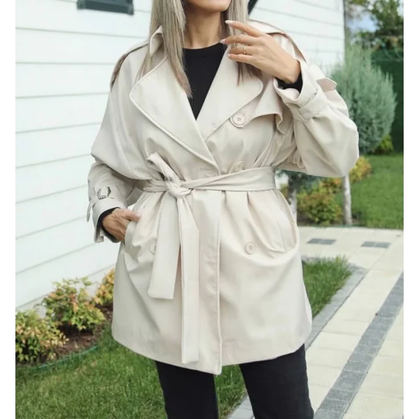 KREM KUŞAKLI ASTARLI KISA TRENÇKOT