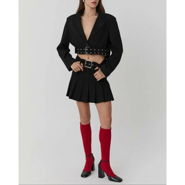 Kemer Detaylı Pileli Mini Etek Siyah