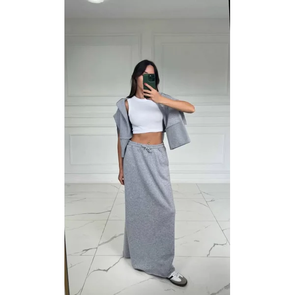Pamuk Kumaş Yırtmaçlı Uzun Gri Etek
