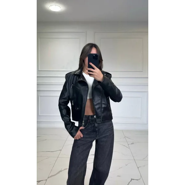 SİYAH FERMUAR DETAYLI DERİ CEKET