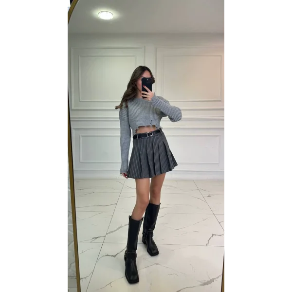 ÇİZGİLİ PİLİSELİ KAŞE MİNİ ETEK GRİ