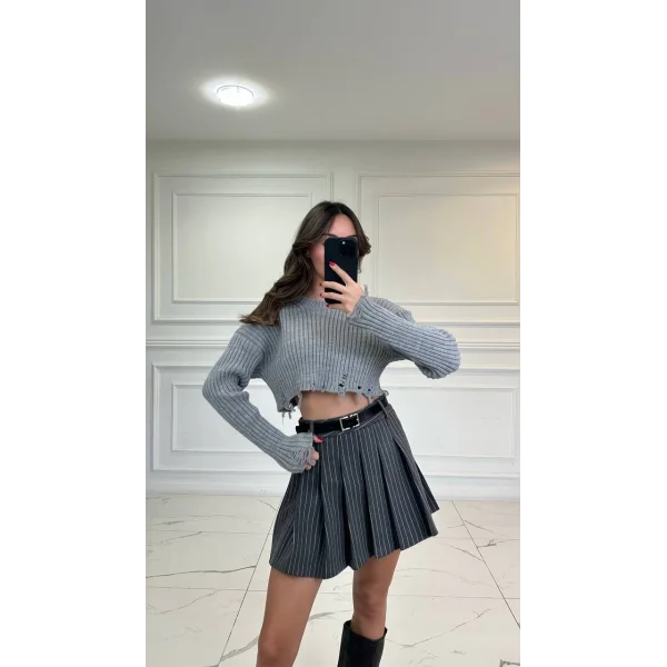 ÇİZGİLİ PİLİSELİ KAŞE MİNİ ETEK GRİ