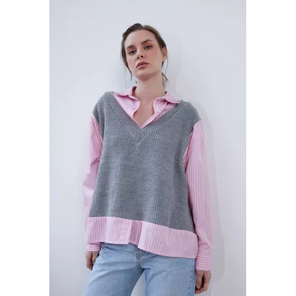 TRİKO GARNİLİ PEMBE ÇİZGİLİ GÖMLEK