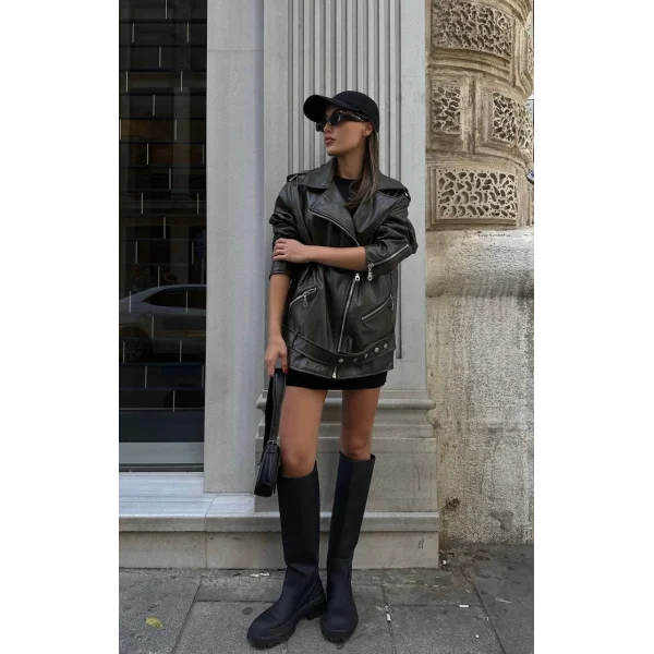 HAKİ KOL FERMUAR DETAY DERİ CEKET