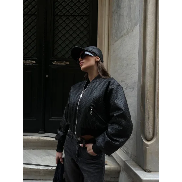 SİYAH ÖRGÜ DESENLİ DERİ CEKET