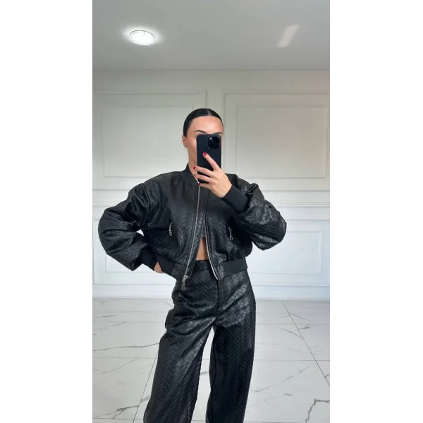 SİYAH ÖRGÜ DESENLİ DERİ CEKET