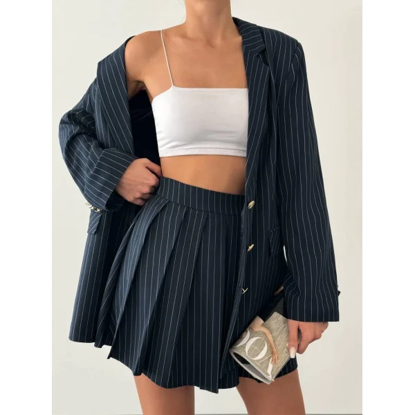 OVERSİZE ÇİZGİLİ POLİVİSKON ETEK CEKET TAKIM LACİVERT