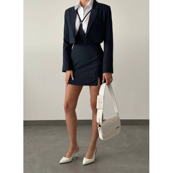 ÇİZGİLİ POLİVİSKON JİLE ETEK CEKET TAKIM LACİVERT