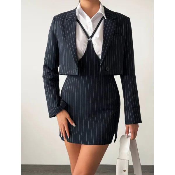 ÇİZGİLİ POLİVİSKON JİLE ETEK CEKET TAKIM LACİVERT