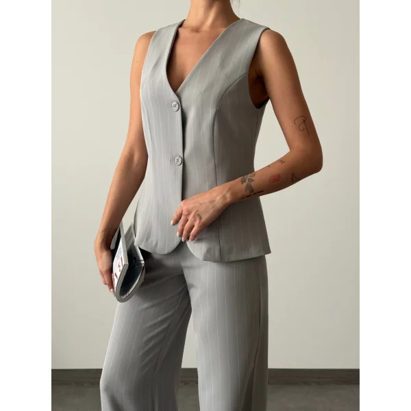 ÇİZGİLİ PAMUKLU YELEK PANTOLON TAKIM GRİ