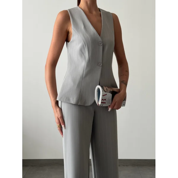 ÇİZGİLİ PAMUKLU YELEK PANTOLON TAKIM GRİ