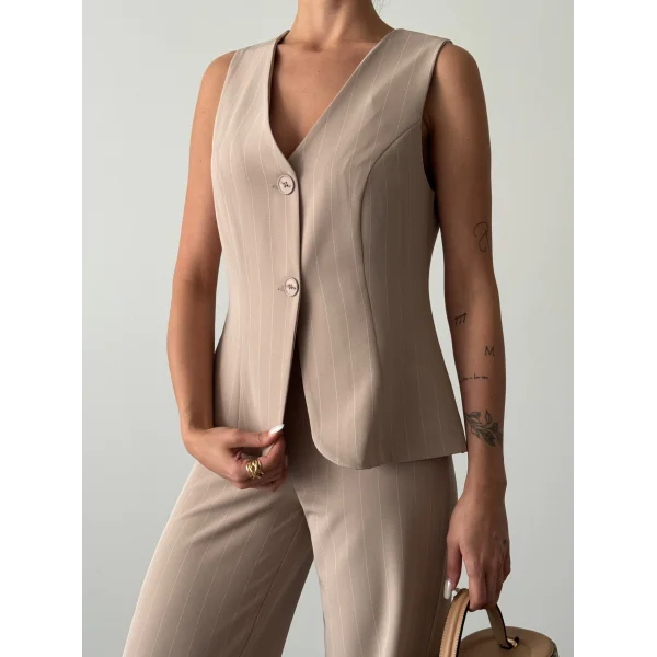 ÇİZGİLİ PAMUKLU YELEK PANTOLON TAKIM VİZON