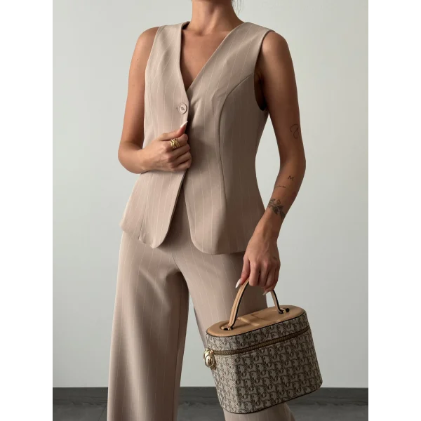 ÇİZGİLİ PAMUKLU YELEK PANTOLON TAKIM VİZON