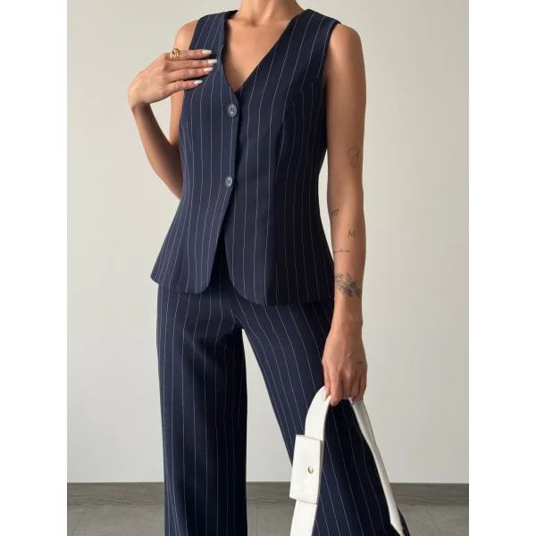 ÇİZGİLİ PAMUKLU YELEK PANTOLON TAKIM SİYAH