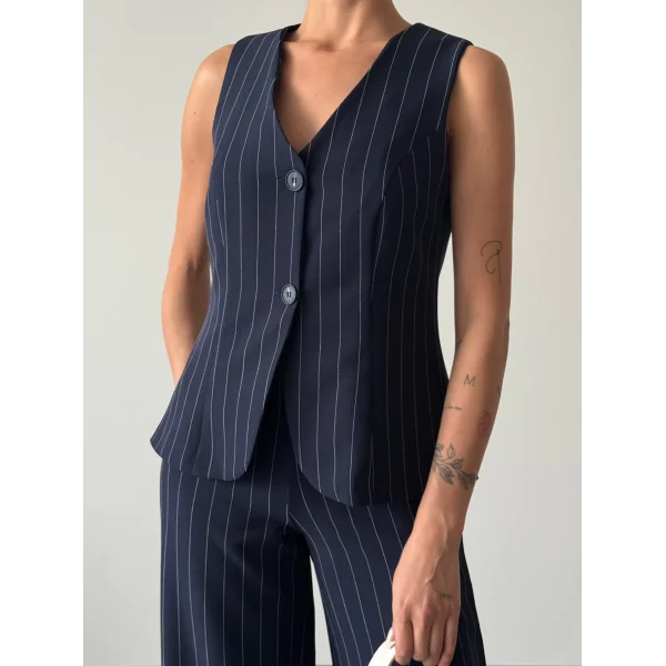 ÇİZGİLİ PAMUKLU YELEK PANTOLON TAKIM SİYAH