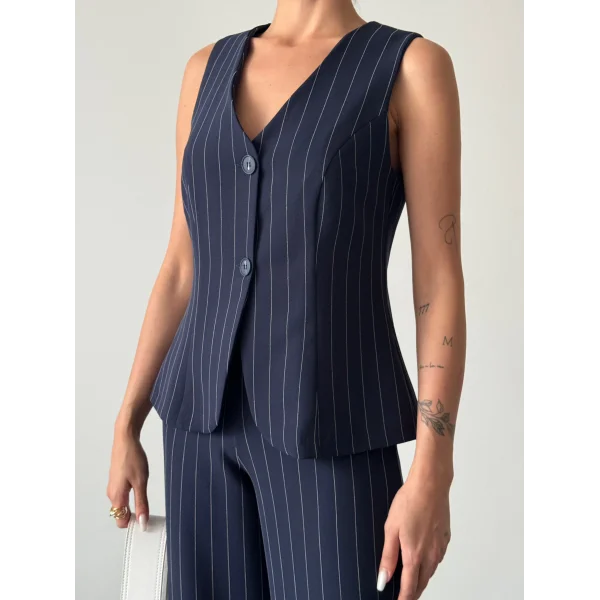 ÇİZGİLİ PAMUKLU YELEK PANTOLON TAKIM SİYAH