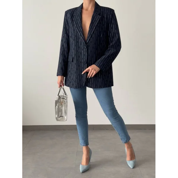 SİM ÇİZGİ DETAY ASTARLI BLAZER CEKET LACİVERT