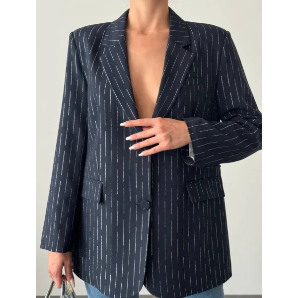 SİM ÇİZGİ DETAY ASTARLI BLAZER CEKET LACİVERT