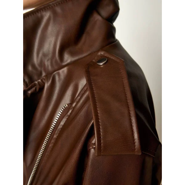 KOL FERMUAR DETAY DERİ CEKET KAHVERENGİ