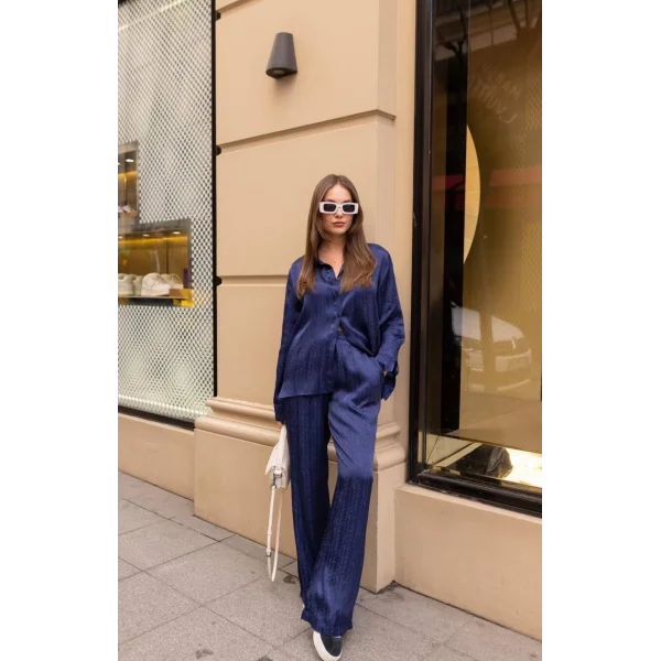 DESENLİ SATEN GÖMLEK PANTOLON TAKIM LACİVERT