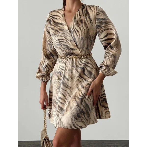 DESENLİ SATEN KRUVAZE ELBİSE BEJ