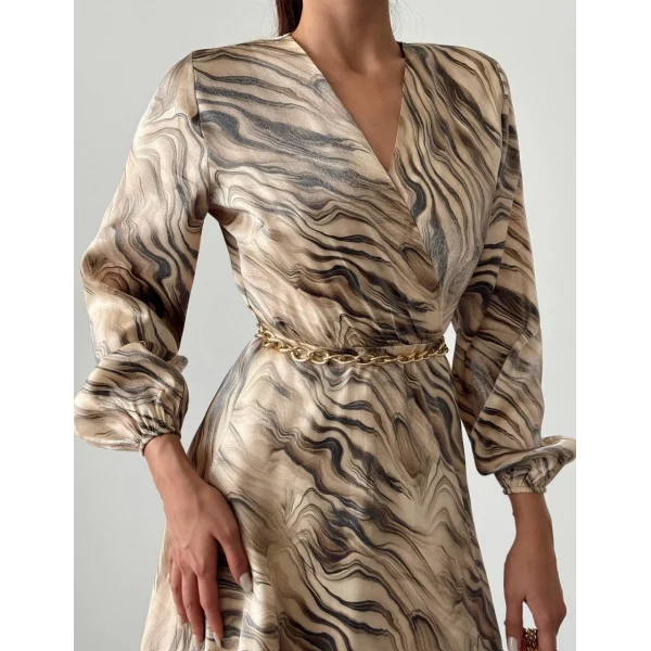 DESENLİ SATEN KRUVAZE ELBİSE BEJ