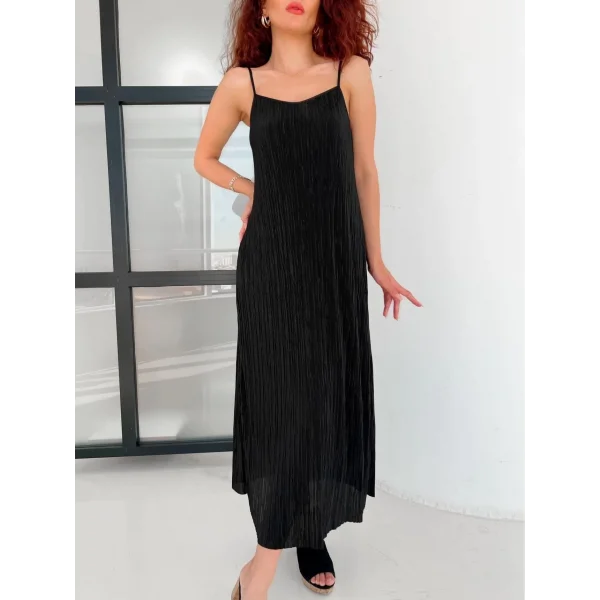 İNCE ASKILI PİLİSE SİYAH UZUN ELBİSE