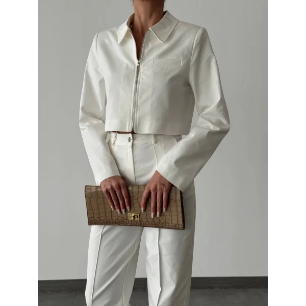 DENİM GABARDİN CEKET PANTOLON TAKIM BEYAZ