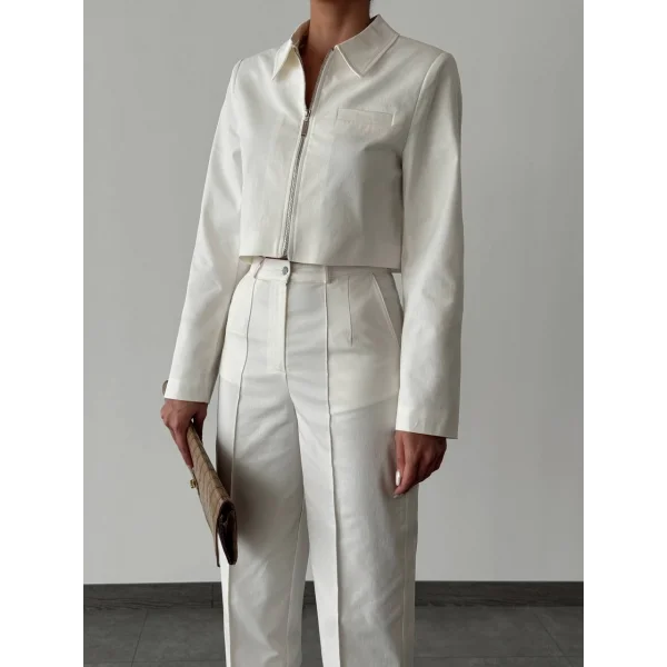 DENİM GABARDİN CEKET PANTOLON TAKIM BEYAZ