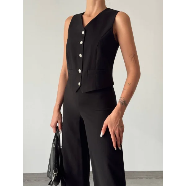 Modal Kumaş Yelek Pantolon Takım Siyah