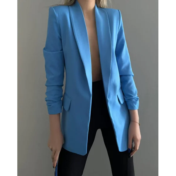 Atlas Kumaş Astarlı Büzgü Kol Tam Kalıp Blazer Ceket Mavi