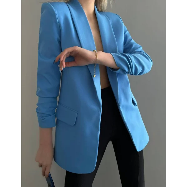 Atlas Kumaş Astarlı Büzgü Kol Tam Kalıp Blazer Ceket Mavi