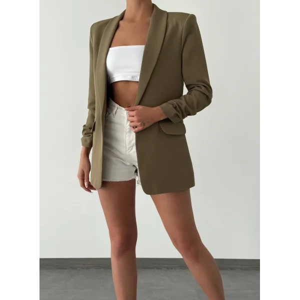 Atlas Kumaş Astarlı Büzgü Kol Tam Kalıp Blazer Ceket Haki