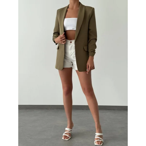 Atlas Kumaş Astarlı Büzgü Kol Tam Kalıp Blazer Ceket Haki