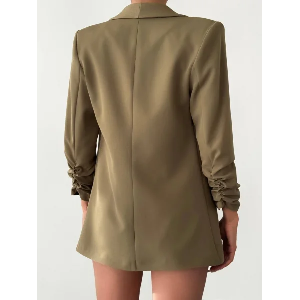 Atlas Kumaş Astarlı Büzgü Kol Tam Kalıp Blazer Ceket Haki