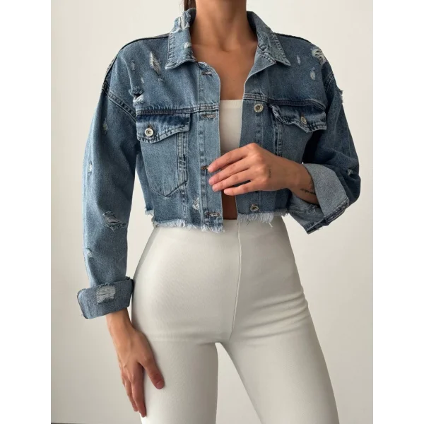 Püsküllü Kısa Kot Ceket Mavi