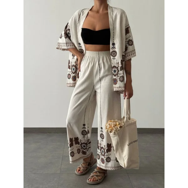 ETNİK DESEN KİMONO TAKIM EKRU