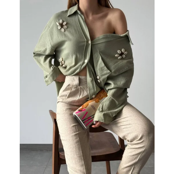 DENİZ KABUĞU İŞLEMELİ KETEN GÖMLEK HAKİ