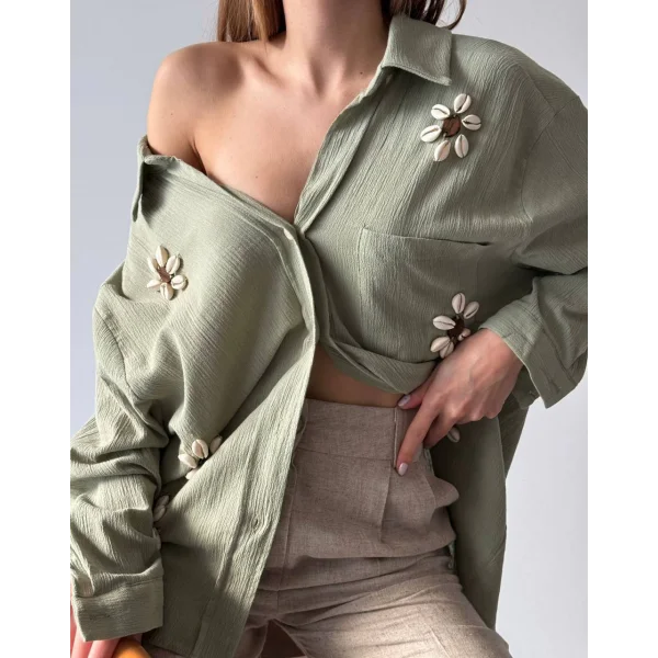 DENİZ KABUĞU İŞLEMELİ KETEN GÖMLEK HAKİ