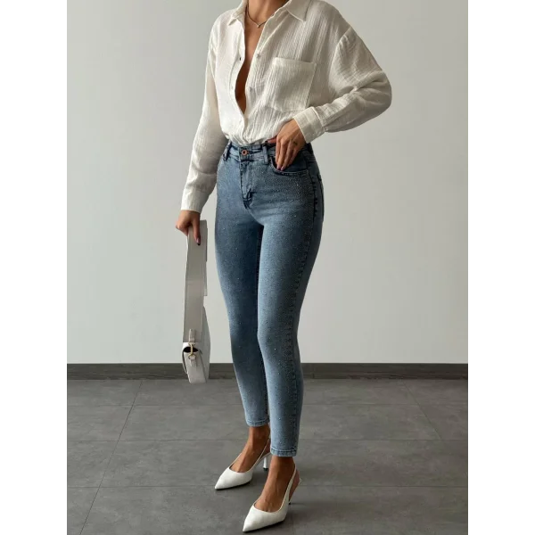 TAŞLI BOYFRİEND KOT PANTOLON MAVİ