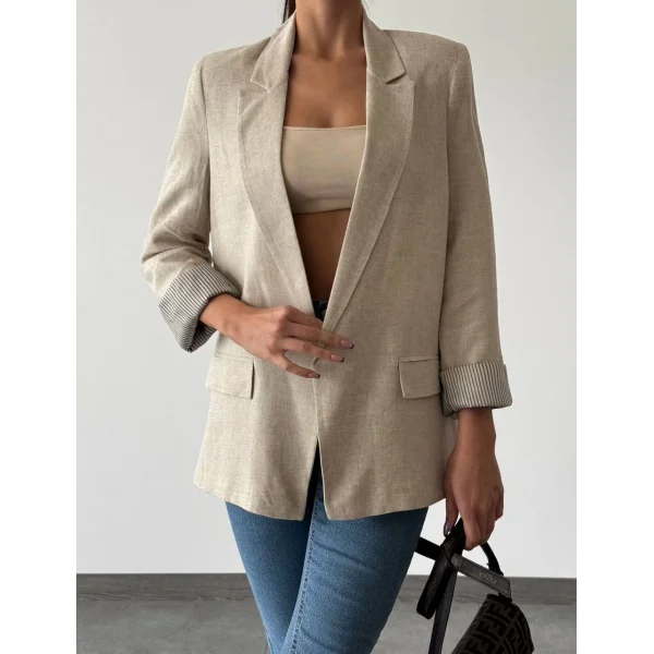 KRUVAZE KOLU KATLI KETEN CEKET EKRU