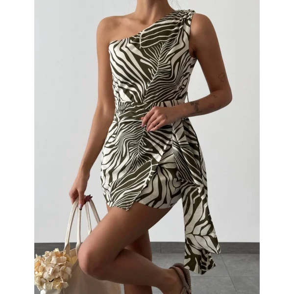 DESENLİ TEK OMUZ KETEN ELBİSE HAKİ