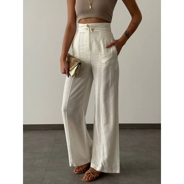 BEL DÜĞMELİ KETEN PANTOLON EKRU