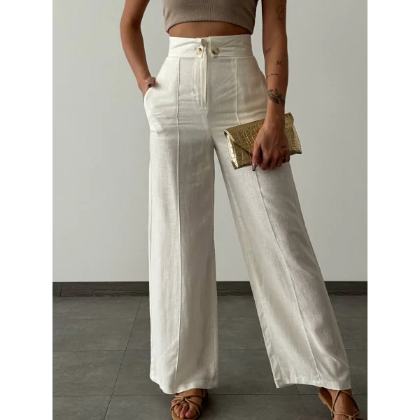 BEL DÜĞMELİ KETEN PANTOLON EKRU