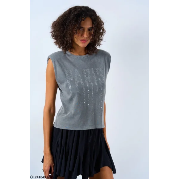 PARİS TAŞ İŞLEMELİ KOLSUZ TİŞÖRT ANTRASİT