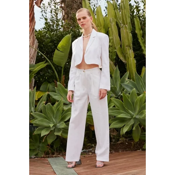 Premium Seri Beyaz Keten Crop Ceket Pantolon Takım