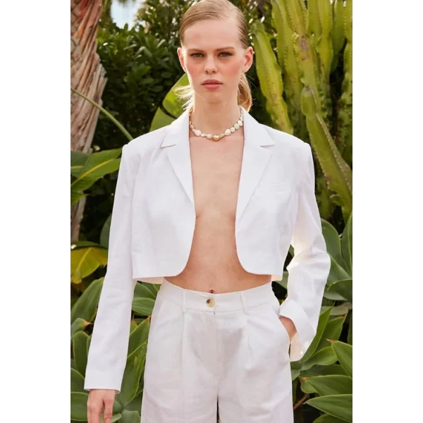 Premium Seri Beyaz Keten Crop Ceket Pantolon Takım